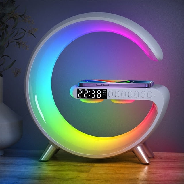 G-Shape Atmosphere Multifunctional Wireless Charging Station with Alarm Clock Stereo Speaker