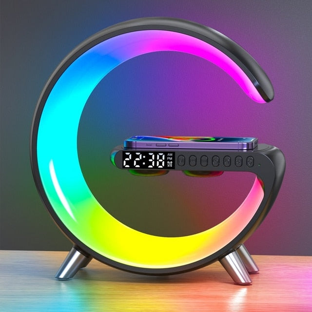 G-Shape Atmosphere Multifunctional Wireless Charging Station with Alarm Clock Stereo Speaker