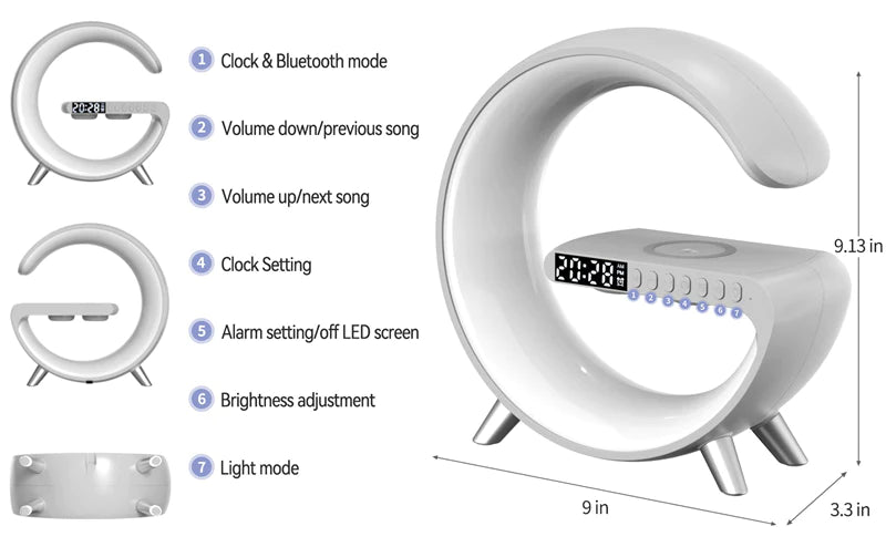 G-Shape Atmosphere Multifunctional Wireless Charging Station with Alarm Clock Stereo Speaker