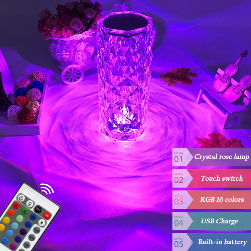 LED Rose Crystal Diamond Night Light - RGB Color Changing Night Light Lamp